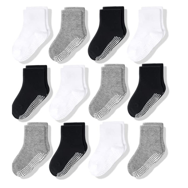 12Pairs/Lot Non-Slip Baby Socks with Grip for Boys Girls Baby Toddler Kids Anti-Slip Cotton Crew Socks 1-7Years