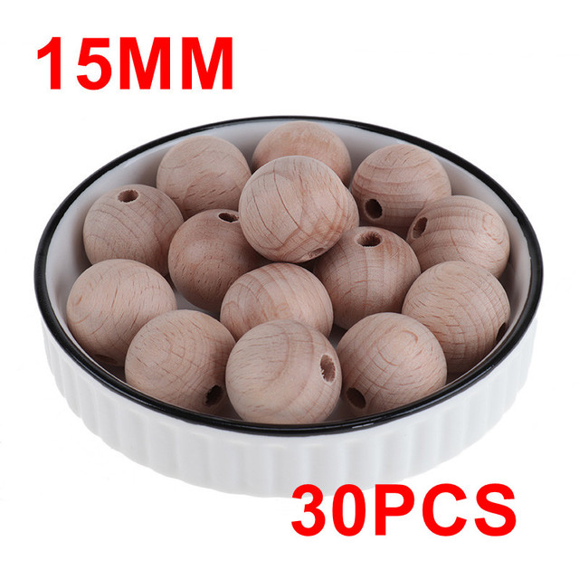 30pcs Natural Beech Wood Round Loose Beads Hexagonal Round Bracelet Necklace Baby Teether Pacifier Chain Accessories Jewelry Making