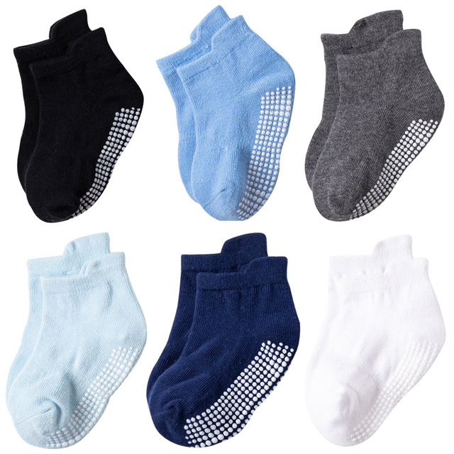 6 Pairs 0-5 Years Cotton Children Anti-Slip Boat Socks for Boys Girl Low Cut Floor Toddler Ankle Sock with Rubber Grips Four Season