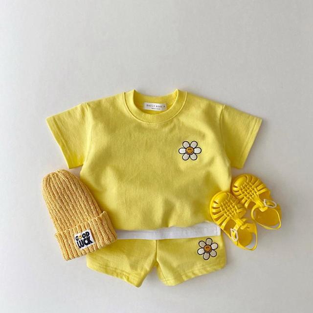 2021 Summer New Cotton Baby Clothes Set Boys and Girls Cute Smiley Print Tops + Shorts 2pcs Kids Children Clothing Suit