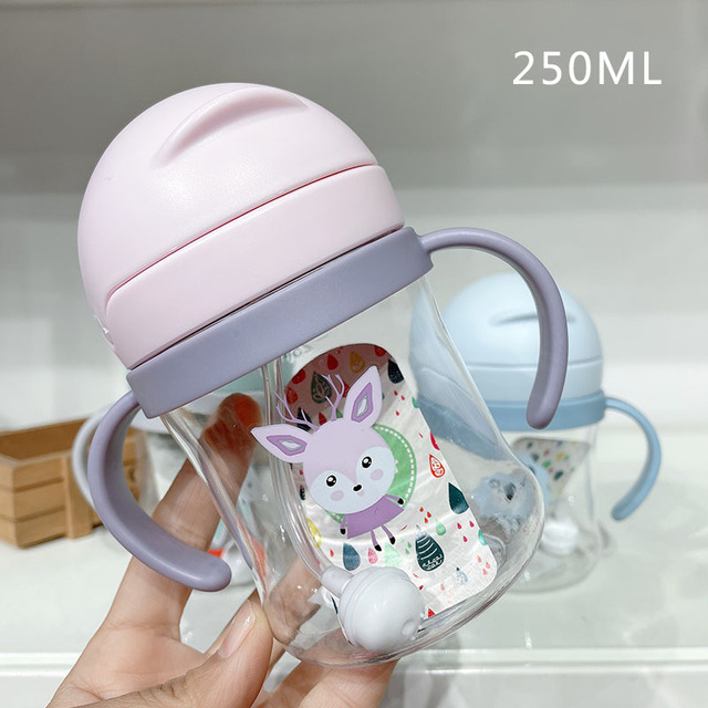 250ml Cartoon Style Outdoor Baby Drinking Bottle With Straw Baby Feeding Cup For Kids Training Portable Handle Water Bottle