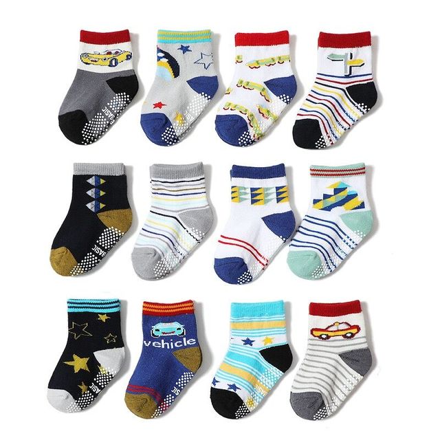 12 pairs/set kids socks baby girl anti-slip boy elastic knit cotton 1-5 years