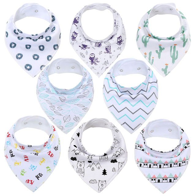 8pcs/lot soft comfortable colorful 100% organic cotton and baby bandana for boys and girls infants adjustable snaps saliva baby bibs