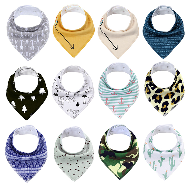 12packs/lot 100% Cotton Bandana Bibs for Drooling Teething Newborn Infant Adjstable Snaps Absorbent Baby Bibs