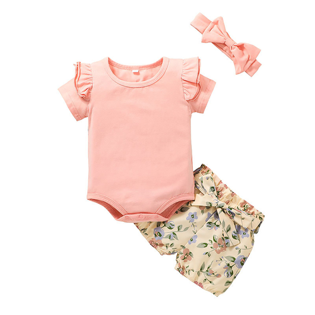 summer newborn baby girl clothes set solid color short sleeve ruffle romper tops flower short pants headband 3pcs infant outfits