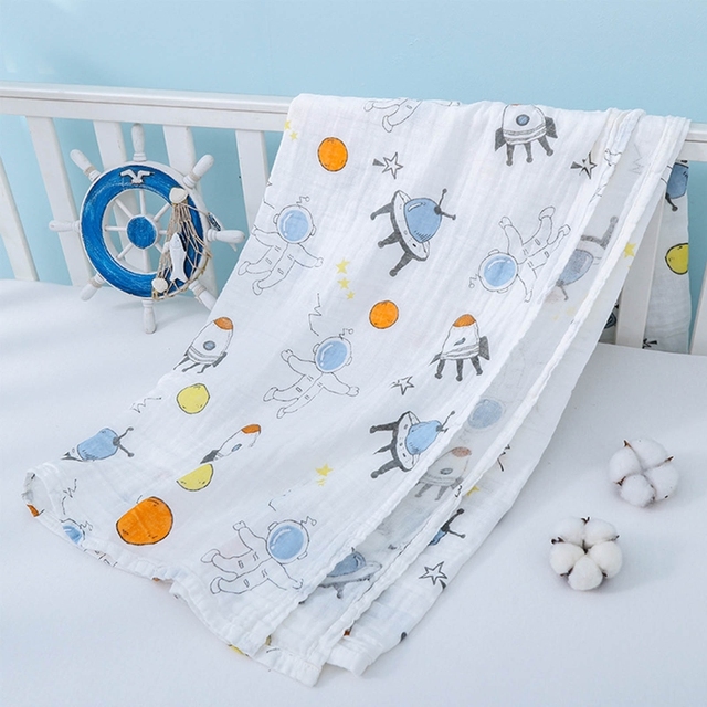 Baby Muslin Soft Cotton Receiving Blanket Infants Cartoon Printed Swaddle Wrap