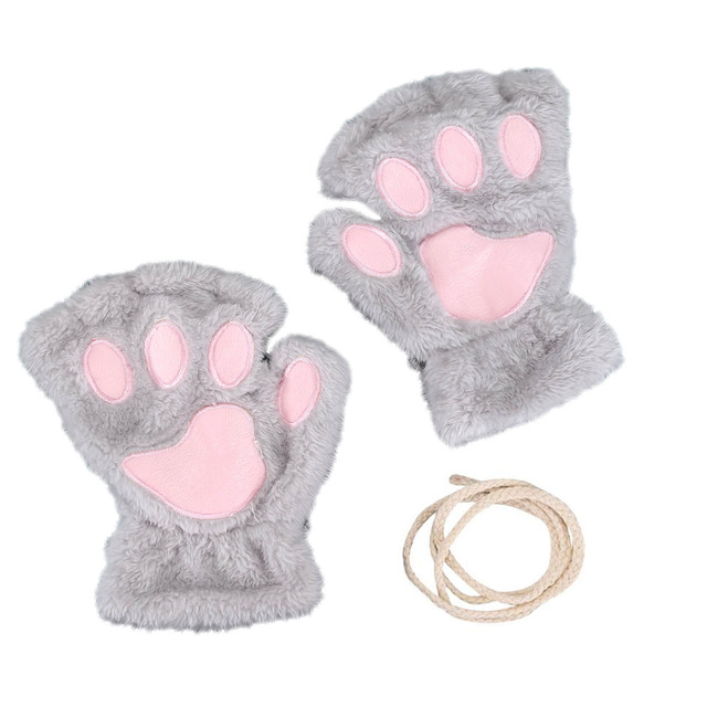 Cute Cat Paw Plush Fingerless Gloves Winter Warm Faux Fur Gloves Half Finger Gloves Lovely Bear Paw Gloves For Women Girls