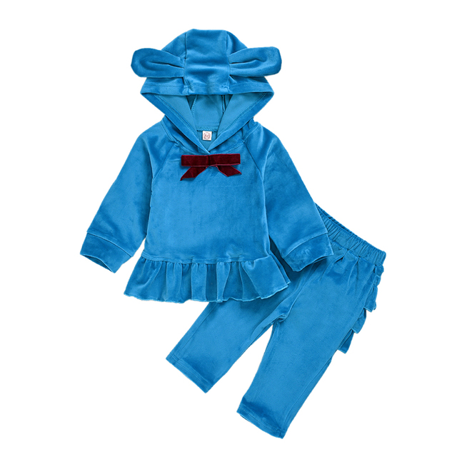 Cartoon Velvet Tracksuit Eear Ruffle Kids Children Clothing Set Autumn Winter Girls Baby Costume 2pcs Suit