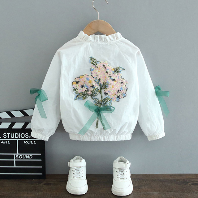 Girl Coat Spring Autumn Fashion Flower Bowknot Cartoon Floral Jacket Toddler Kids Children Sweet Coats Costume 2-12Y JYF