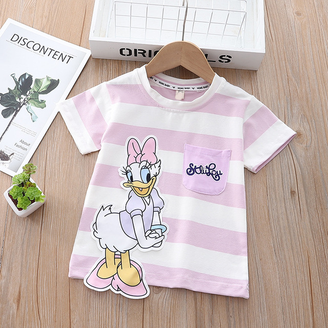 Summer Daisy Donald Duck Short Sleeve T-shirt Fashion Striped T-Shirt For Little Girls Cute T-shirt Toddler Kids Boys Clothes