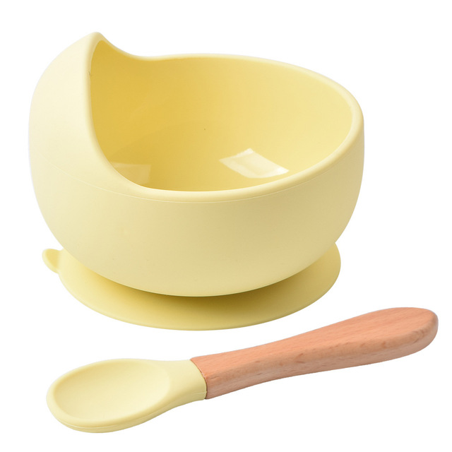 Baby Silicone Bowl Feeding Tableware Children Suction Bowl Plate Wooden Handle Silicone Spoon Dish Set For Baby Kitchen Utensils