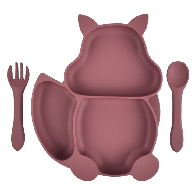 Baby Food Squirrel Silicone Baby Feeding Tray With Fork Spoon Set Dinnerware Training