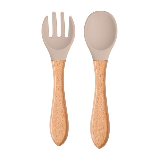 2pcs silicone tips baby feeding training spoon and fork set with wooden handle