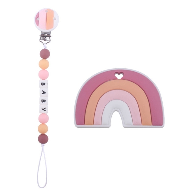 2pcs Baby Pacifier Chain Clip Rainbow Teether Set Newborn Nipple Dummy Clip Holder Silicone Teething Soother Molar Toys QX2D