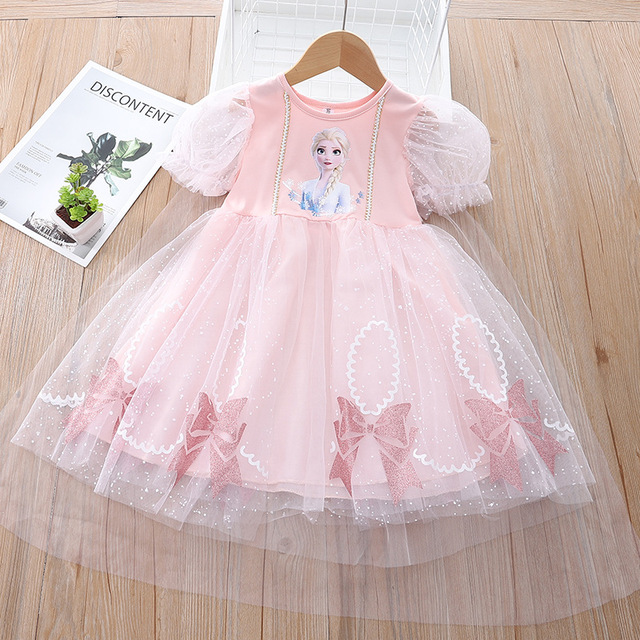 Summer Kids Dresses For Girls Frozen Elsa Lace Mesh Short Sleeve Beautiful Princess Dress Korean Toddler Children Dresses Vestidos