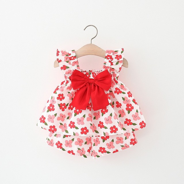 0-2 Years Short Dress Pant Two Pieces/Set Summer Baby Girls Flower Sleeveless Set for Newborn Girls Clothes Cute Big Bow