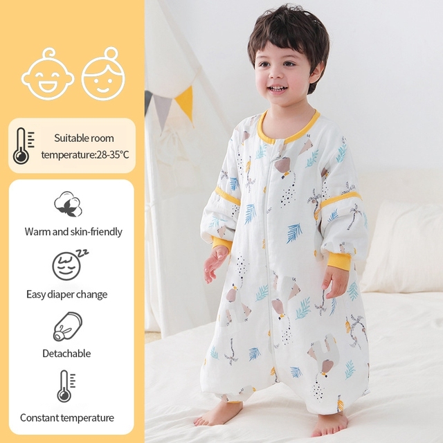 Cartoon Baby Sleeping Bag Kids Pajamas Double Gauze Pure Cotton Long Sleeve Children Zip Sleeping Bag Spring Summer for 1-5Y