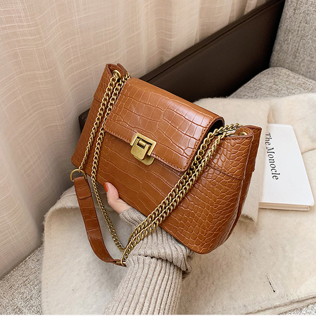 Solid Color Flap PU Leather Shoulder Crossbody Bags for Women Luxury Women's Designer Chain Handbag Crocodile Female Travel Bag