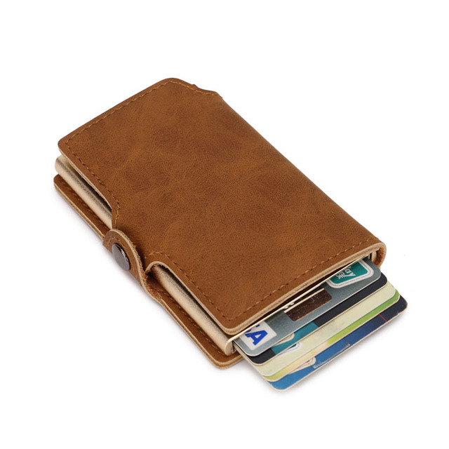 Dual RFID Aluminum Card Holder For Men Vegan Leather Card Wallet Card Holder With Automatic Pop Up