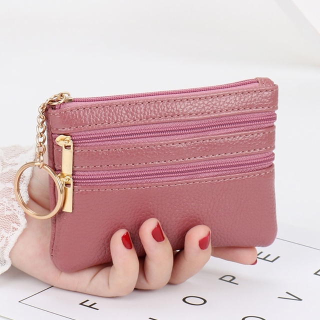 Women PU Leather Mini Coin Purse Three Zippers Card Key Holder Money Bag Female Girls Solid Color Mini Clutch With Keyring