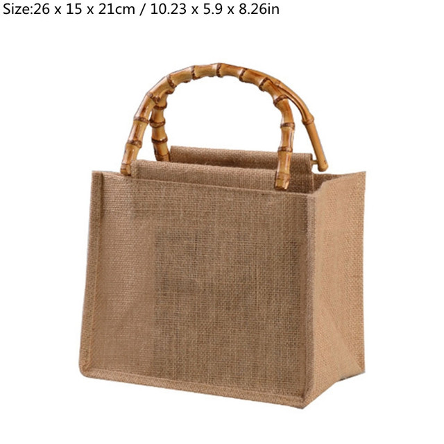 Unisex Portable Burlap Jute Shopping Bag With Bamboo Loop Handles Wome Men Durable Reusable Casual Tote Grocery Handbag 8 Size