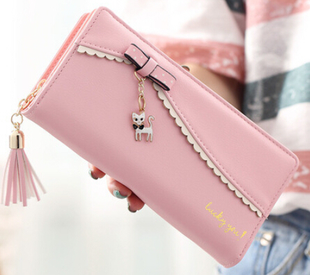 Women's Long Leather Wallet Card Holder Wallet With Cute Cat Pendant Cell Phone Pocket Wallet