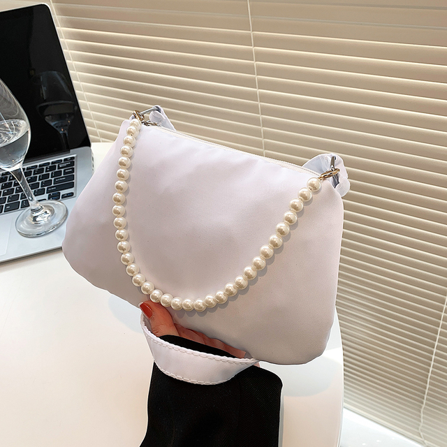 Women Nylon Underarm Shoulder Bags Solid Color Pearl Small Bags Clutch Fashion Simple Design Shoulder Bag Underarm Bags For Women