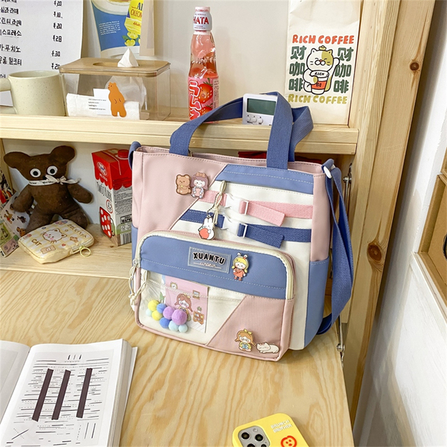 Kawaii Large Capacity Tote Bags Trendy Nylon Patchwork Shoulder School Book Bag For Teen Girls Fashion Student Crossbody Bag Sac