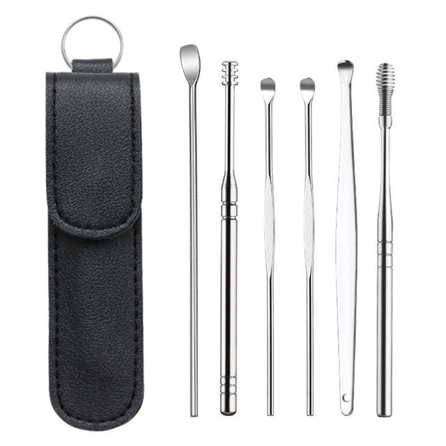 6pcs/set Stainless Steel Earwax Removal Tools Ear Wax Piercing Tool Kit Wax Spoon Care Set