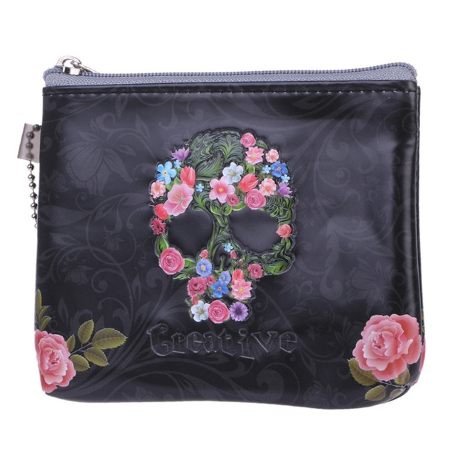 Fashion Lovely Cartoon Rose Skull Personality 3D Plaid Zipper Coin Small Wallet Change Wallets PU Leather