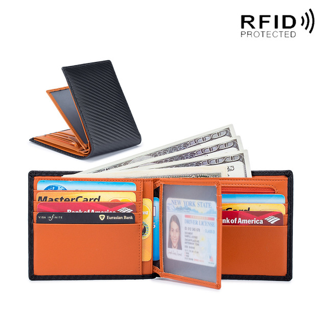 Rfid - Genuine Leather Carbon Fiber Wallet for Men, Genuine Leather Men Wallet with Card Holder, Small Wallet, Black Wallet