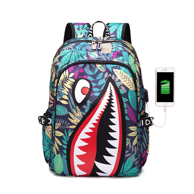 Fashion trend lightweight shark boy student backpack computer USB charging simple printing personality junior high school bag