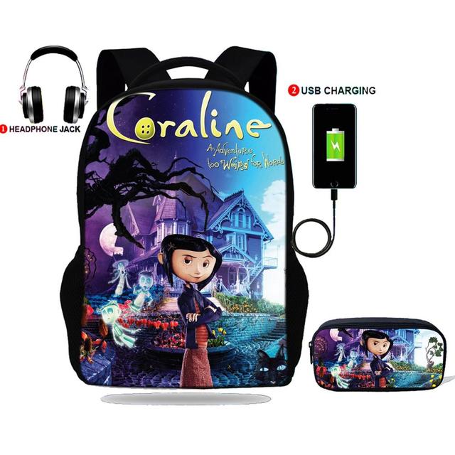Teenager Backpack Coraline Print School Bag USB Charging For School