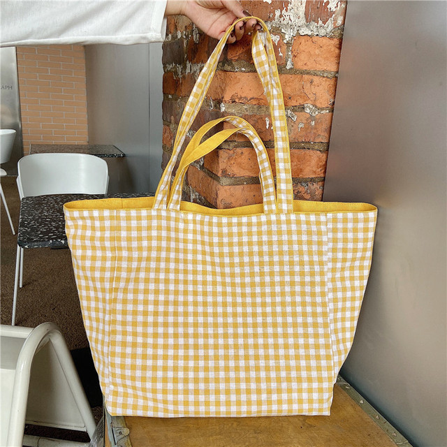 Women Shoulder Bag 2021 Canvas Tote Bags Girl Fashion Casual Solid Color Plaid Shopper Bags Large Capacity Double Sided Handbags