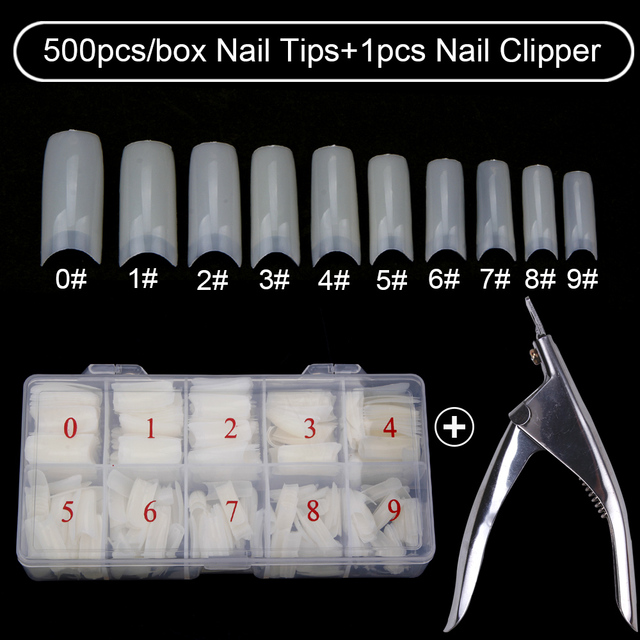 500pcs/box Clear Artificial False Nail Tips Capsule with Nails Cutter Coffin French Full Cover Fake Nails Manicure Tools