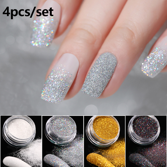 4pcs/set Nail Glitter Powder Silver Iridescent Efffect Sequins Nail Art Foils Nail Art Chrome Pigment Decoration