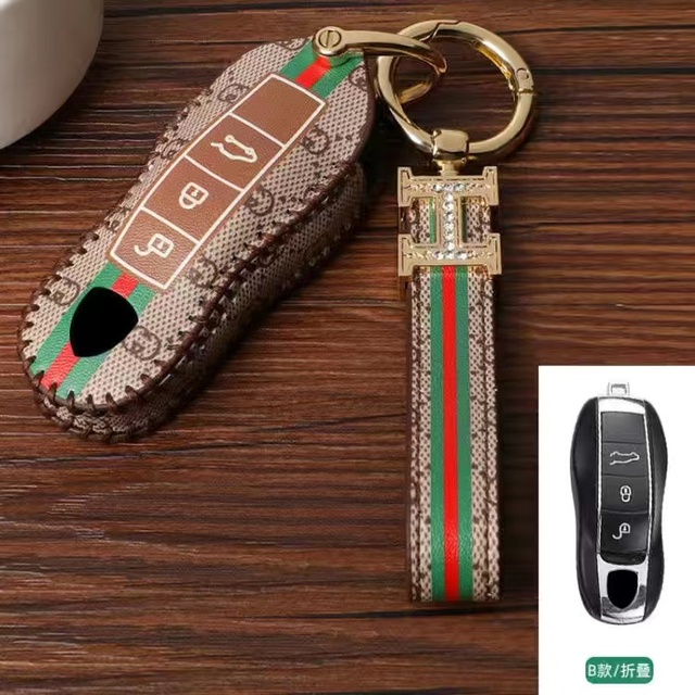 Luxury Leather Car Key Case Cover Fob Protector Key Chain Holder For Porsche kayenne718 Panamera Keyring Accessories Shell Bag