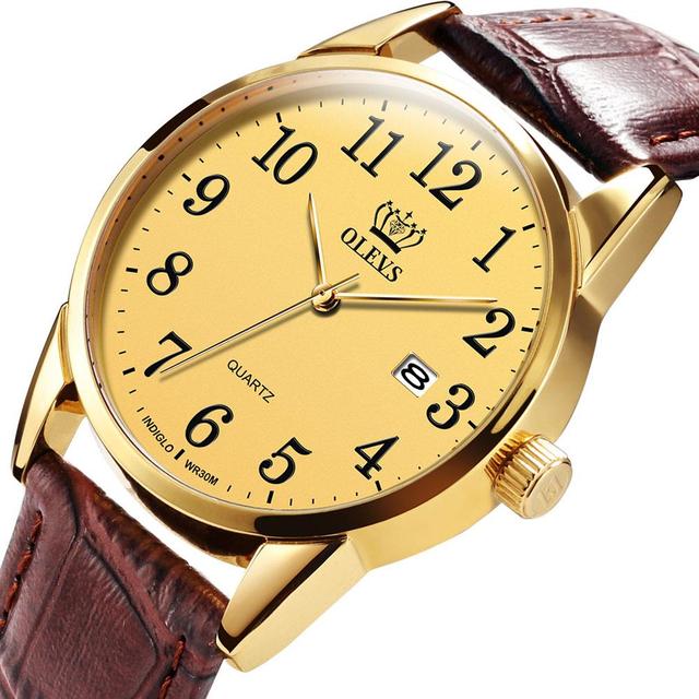 OLEVS Men's Quartz Watch Top Brand Fashion Casual Luxury Dress Genuine Brown Leather Strap Men's Watches Waterproof Wristwatch