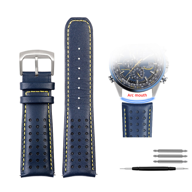 For Citizen Blue Angel Men Radio Wave Watch AT8020-54L/8020-03L/JY8078 Curved End Genuine Leather Watchband Watch Band 22 23