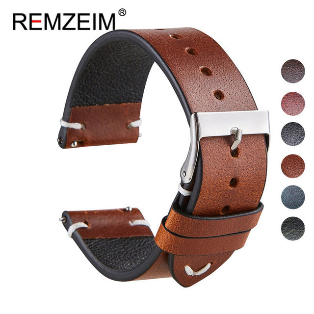 REMZEIM 18mm 20mm 22mm High-end Retro 100% Calfskin Leather Watch Band Watch Strap With Genuine Leather Straps 7 Colors