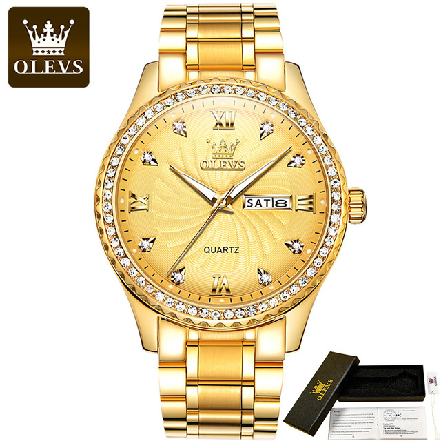 OLEVS Quartz Stainless Steel Strap Men's Wristwatches Waterproof Business Golden Diamond Inlaid Luxury Watch For Men Luminous