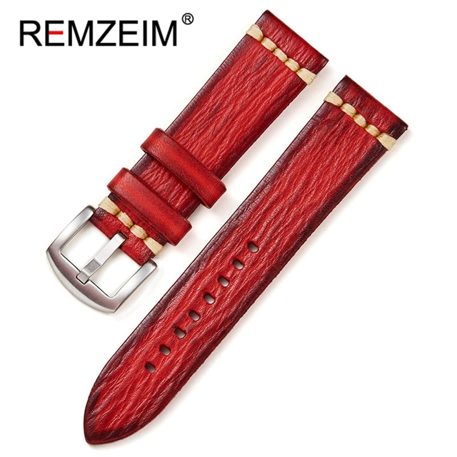 REMZEIM Retro Handmade Genuine Leather Strap Vegetable Tanned Leather Watchband 18 20 22 24mm High Quality Business Watch Band