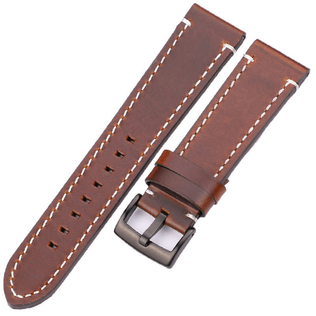 HENGRC - Genuine Cowhide Leather Watch Strap for Men and Women, Thickness 18, 20, 22, 24mm, Handmade, Retro, with Metal Buckles