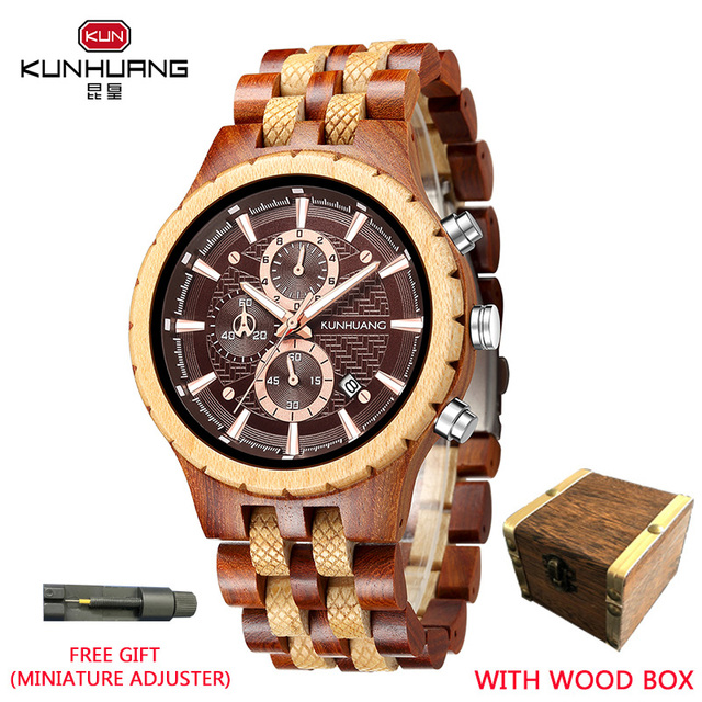 Kunhuang Business Men's Watch Wooden Stopwatch Date Display Chronograph Quartz Wrist Watches relogio masculino