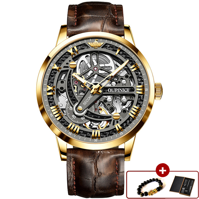 Top Brand OUPINKE Luxury Automatic Mechanical Watch for Men Sapphire Mirror Skeleton Hollow Leather Waterproof Wristwatch Clock