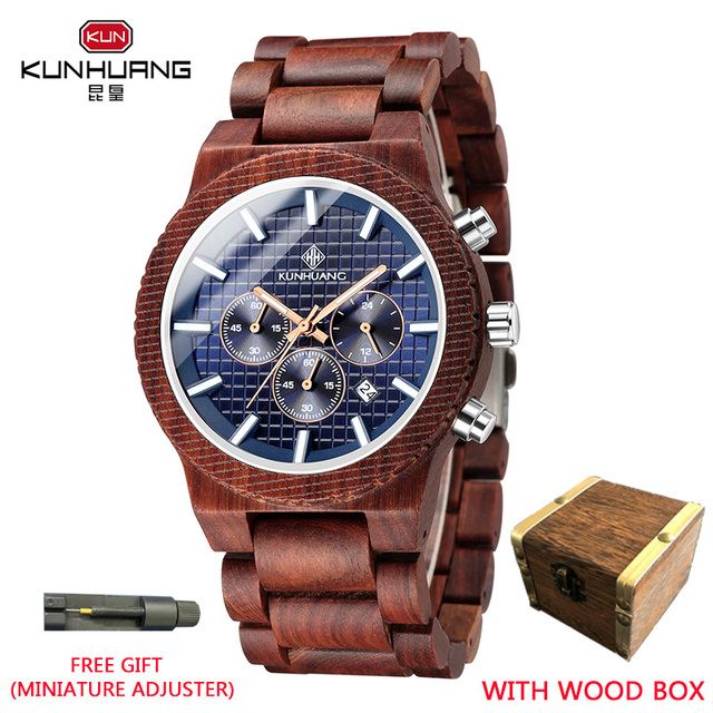 Kunhuang Luxury Elegant Men Wood Watch Military Chronograph Watches Quartz Relogio Masculino Custom Dropshipping
