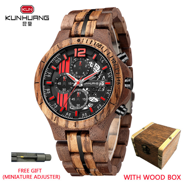 Kunhuang Handmade Wooden Watch Men Water Military Watches Chronograph Quartz Watches relogio masculino men gifts