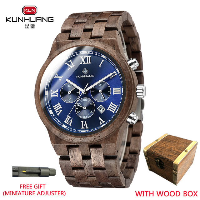 Kunhuang Wooden Men Watches Relogio Masculino Luxury Brand Stylish Chronograph Military Watch Great Gift for Man OEM