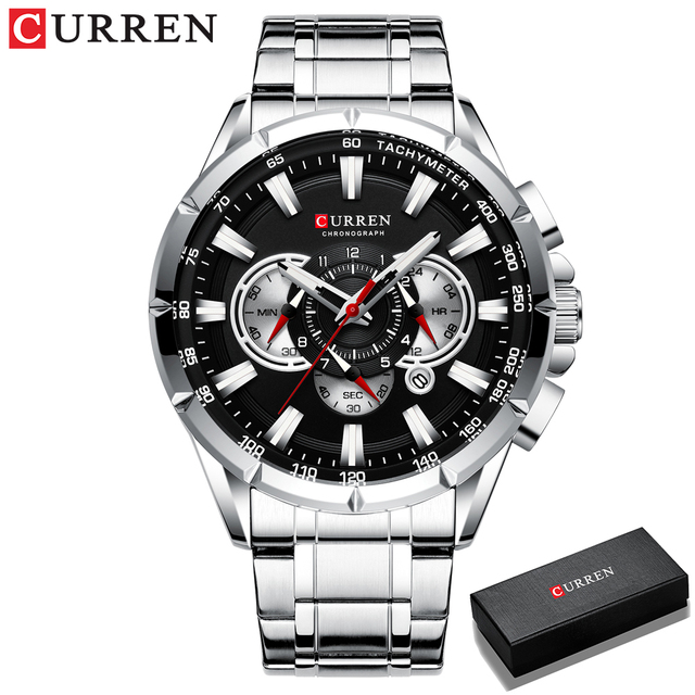 CURREN New Casual Sports Watch Men's Chronograph Stainless Steel Band Watch Large Wristwatch Quartz Watch With Luminous Pointers