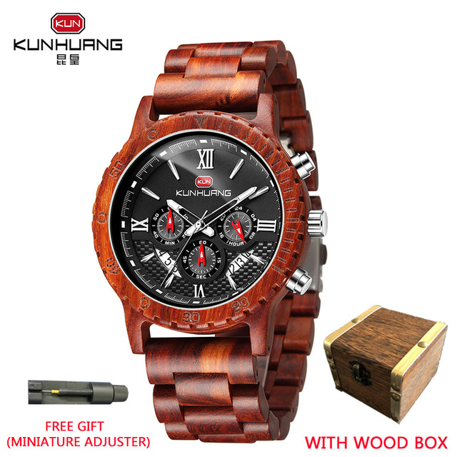 Kunhuang Luxury Brand Men's Watch Wooden Multifunctional Raw Quartz Watch High Strength Ebony Glass Case relógio masculino